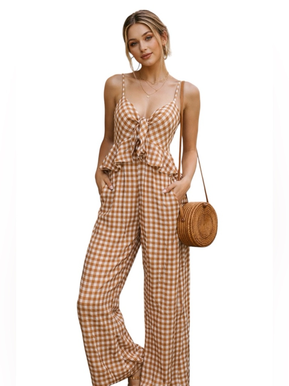 Saylor Anthropologie‎ Apricot Gingham Tie Front Peplum Jumpsuit Size L